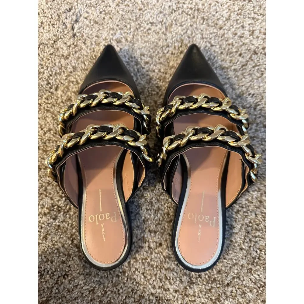 NIB Linea Paolo Aurel Black Napa Leather Mule Slide Chunky Gold Chain 5 Flat